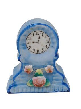 Vintage HKATO Occupied Japan Blue Ceramic Miniature Clock Figurine   #S-3